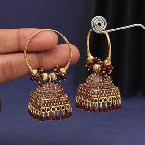 Maroon  Ring Style Gold Plated Oxidised Meena Jhumka